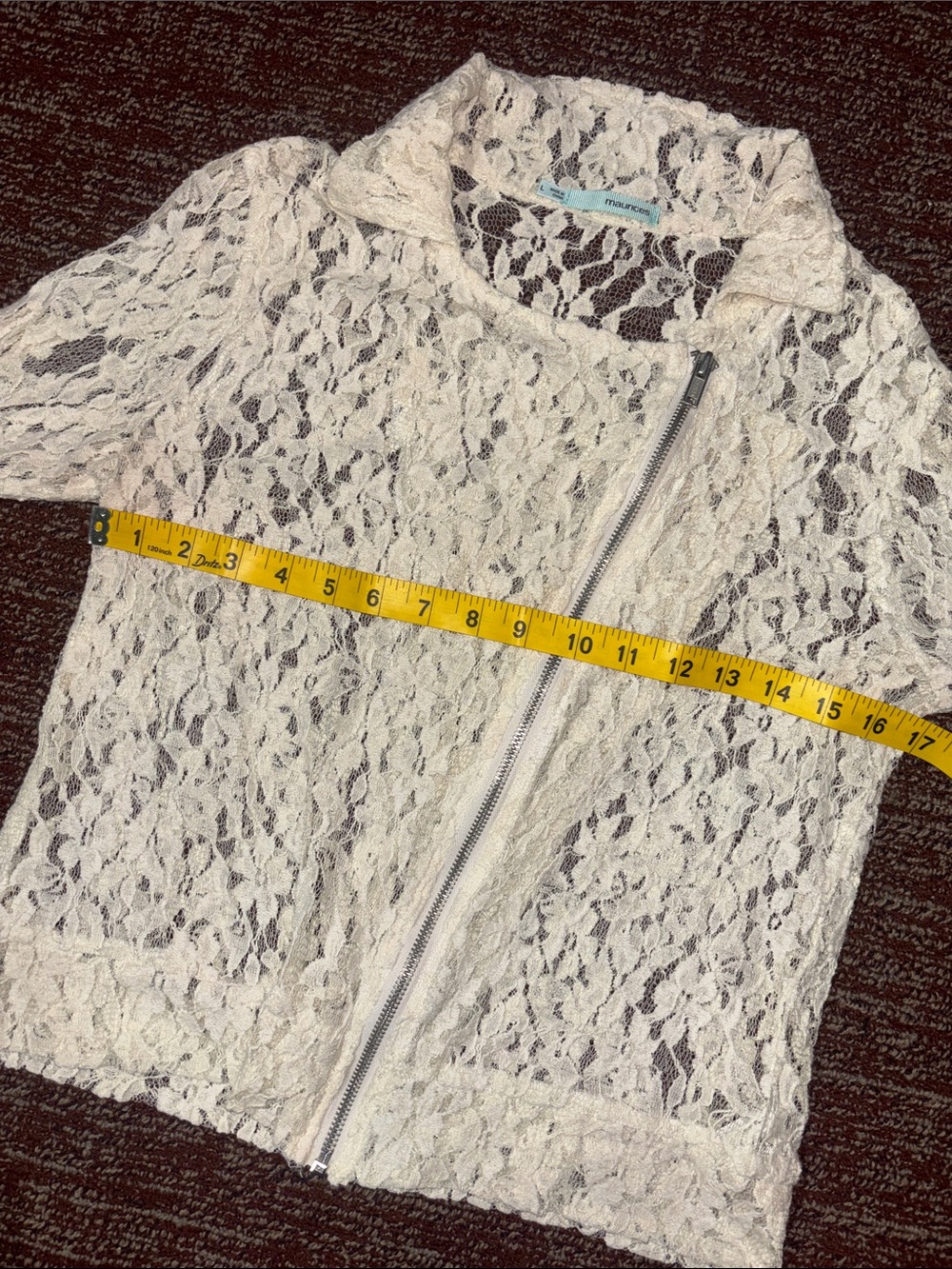 Cream lace moto jacket asymmetrical zipper collared long sleeve dainty jacket L - Picture 8 of 12